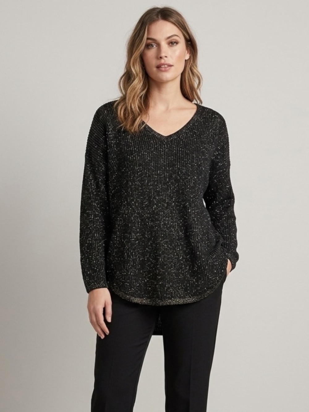A.N.A. A New Approach Cotton Blend Black Drop Shoulder Slouchy Shimmer Sweater